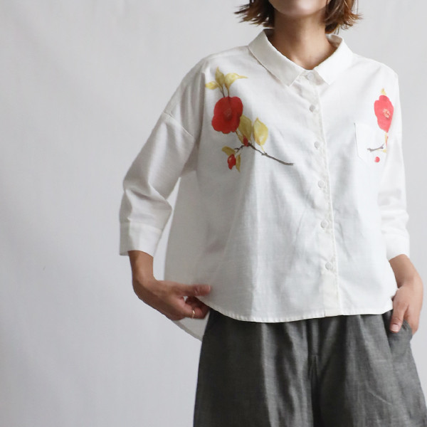 ラスト１　最終ＳＡＬＥ　ギマ擬麻コットン 手描き  角襟　燕尾裾　幅広オーバーシャツ ジャケット 花F77