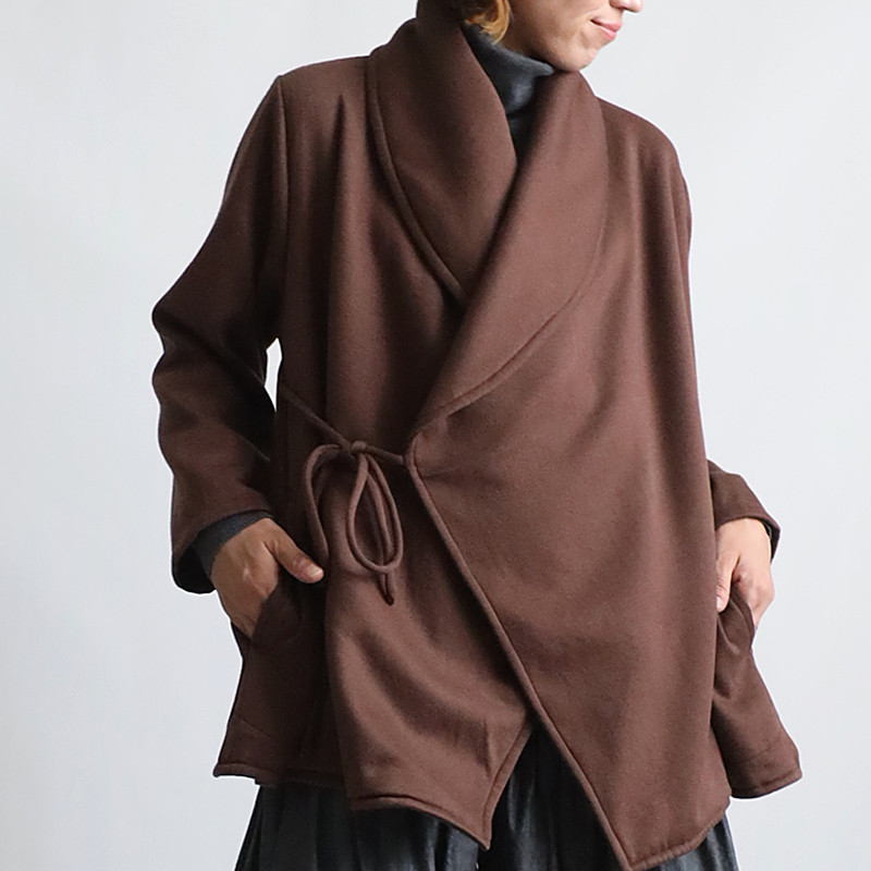 ⁂ラスト2　最終ＳＡＬＥ　裏起毛スウェット　寒がりさんの ローブ襟 カシュクール コート ジャケット ブラウン茶F93A