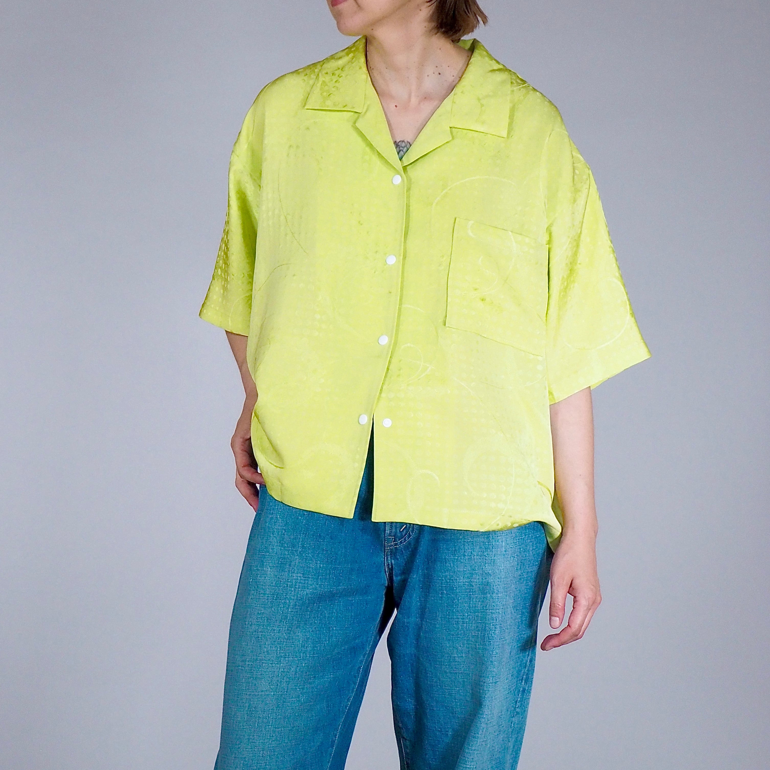 着物リメイク レディース シルクシャツL スナップボタン 正絹着物アップサイクル オープンカラー ライムイエロー