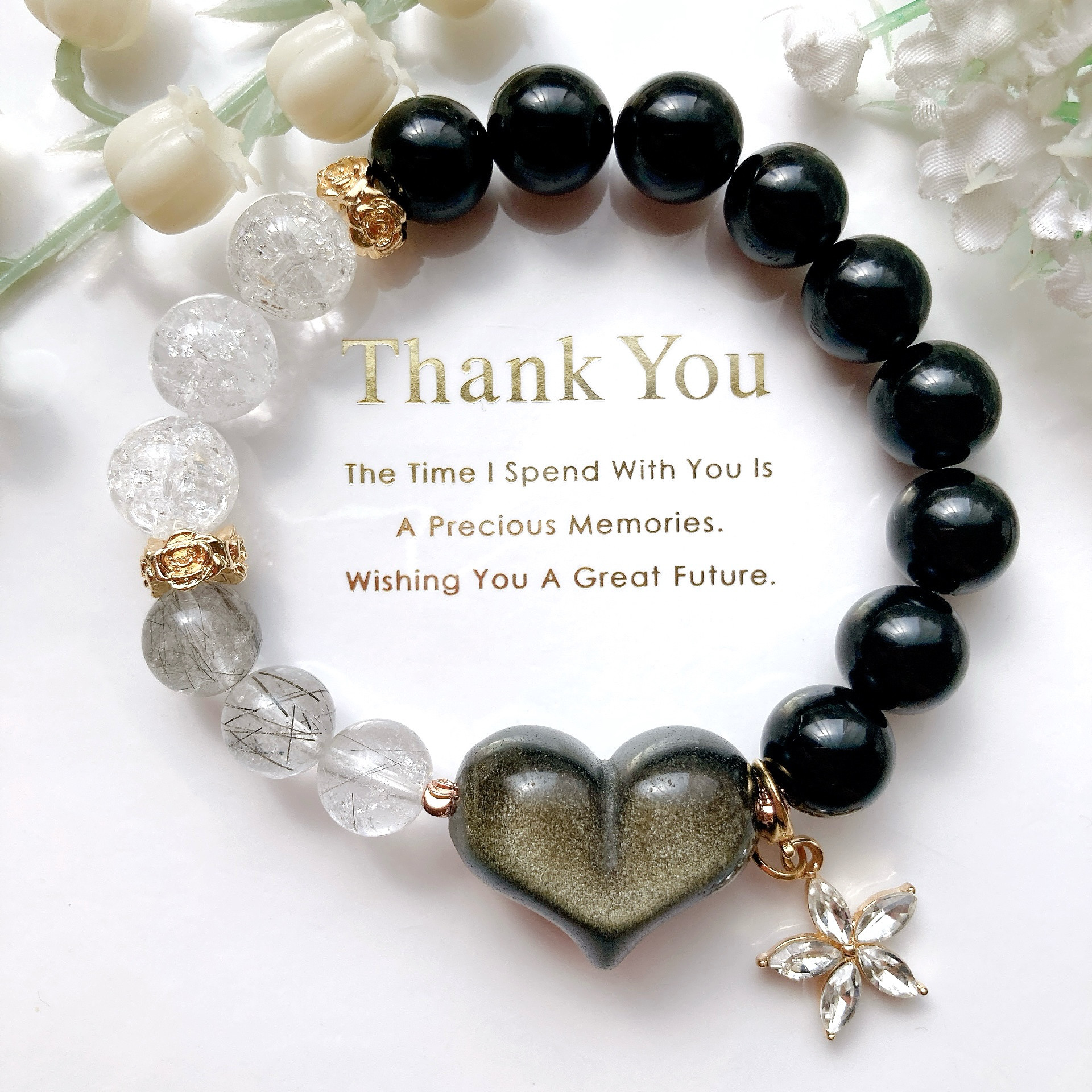 大粒オブシディアンハートちゃんお花チャーム天然石ブレスレット 12,600円