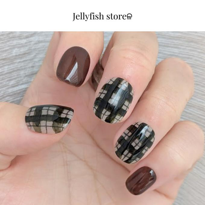 #134｜Checked nail ♡...# [ グリーン × ブラウン ] チェック ニュアンス 【ネイルチップ】
