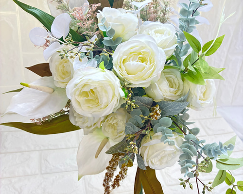 白バラ　ブーケ　ブーケトニア アートフラワー〔造花〕ブーケ/ブートニア 白バラ＆ブルースター