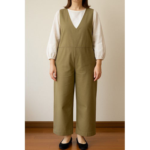 大人ナチュラル　プレミアム・ツイルコットンのオールインワン（ライトカーキ）