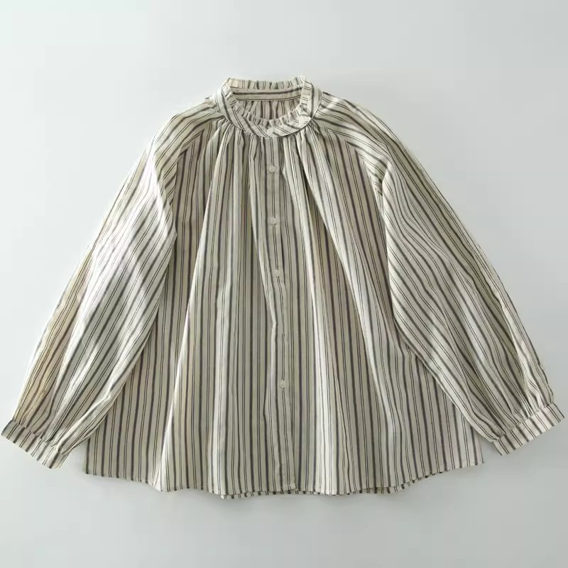 きれいなレトロなストライプ柄 レース付き丸襟 コットン100% 長袖ゆったりブラウス ベージュ