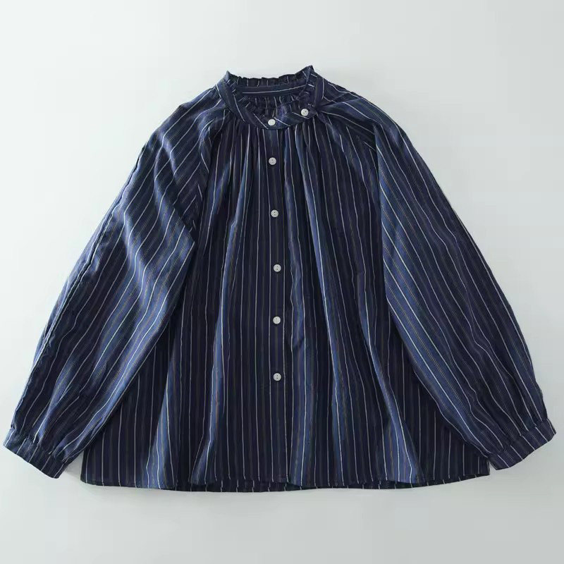 きれいなレトロなストライプ柄 レース付き丸襟 コットン100% 長袖ゆったりブラウス 紺色