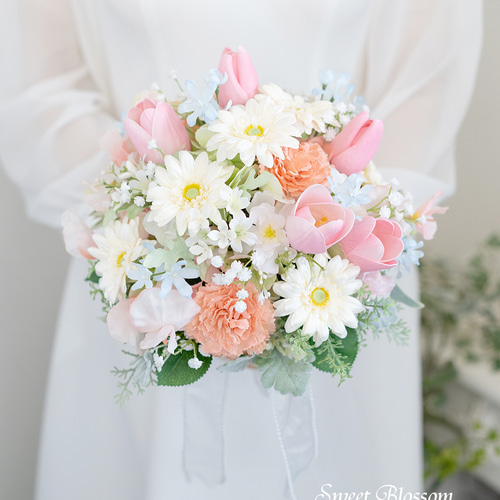 【2月末まで値下げ】春の花嫁さま❤︎チューリップブーケ&ブートニア チューリップ♡スズランのウェディングブーケ＆ブートニア【アーティ