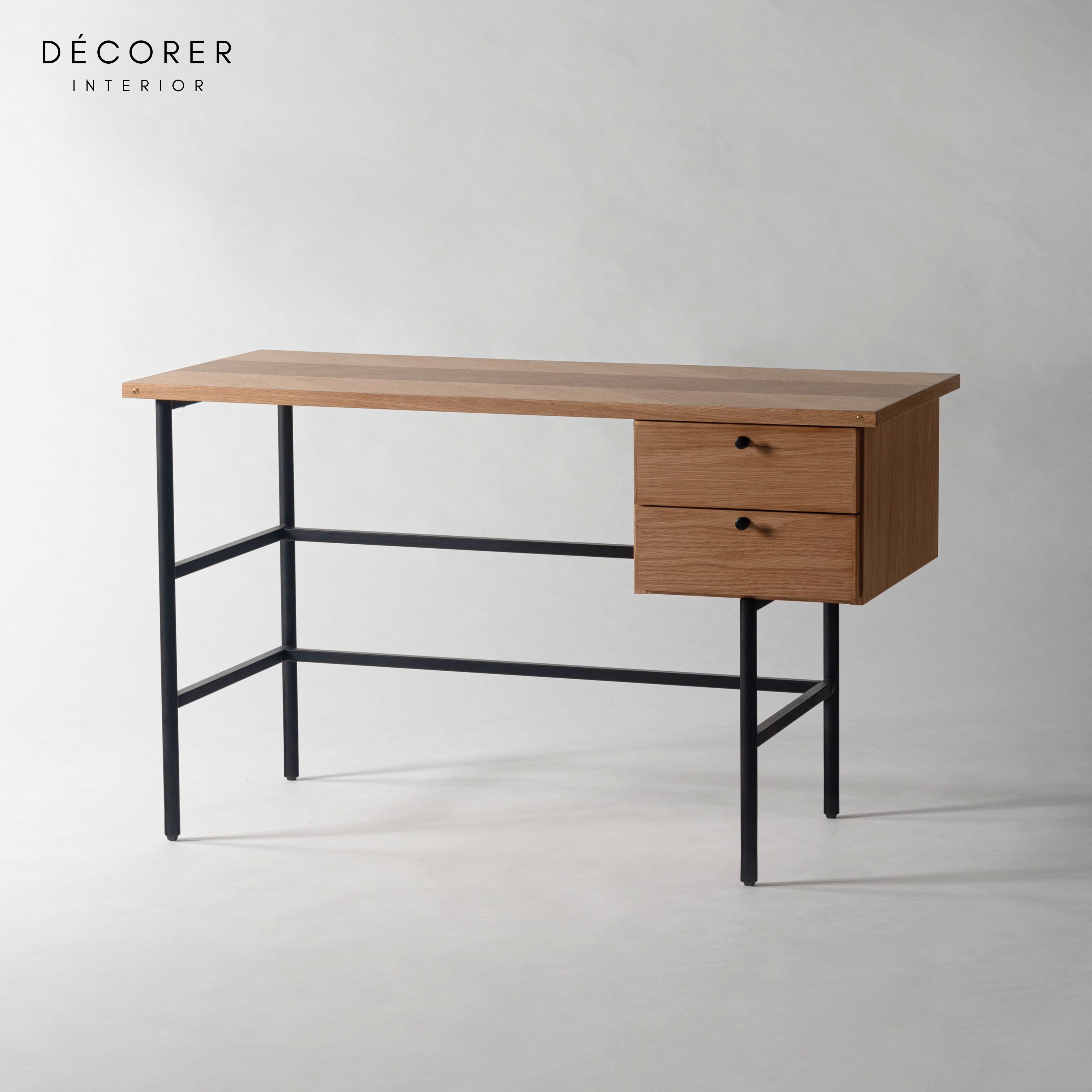 *引出し左右入れ替え可能* 天然木とスチールフレームのデスク【幅120奥行55高さ72：2色 】オーク ウォールナット