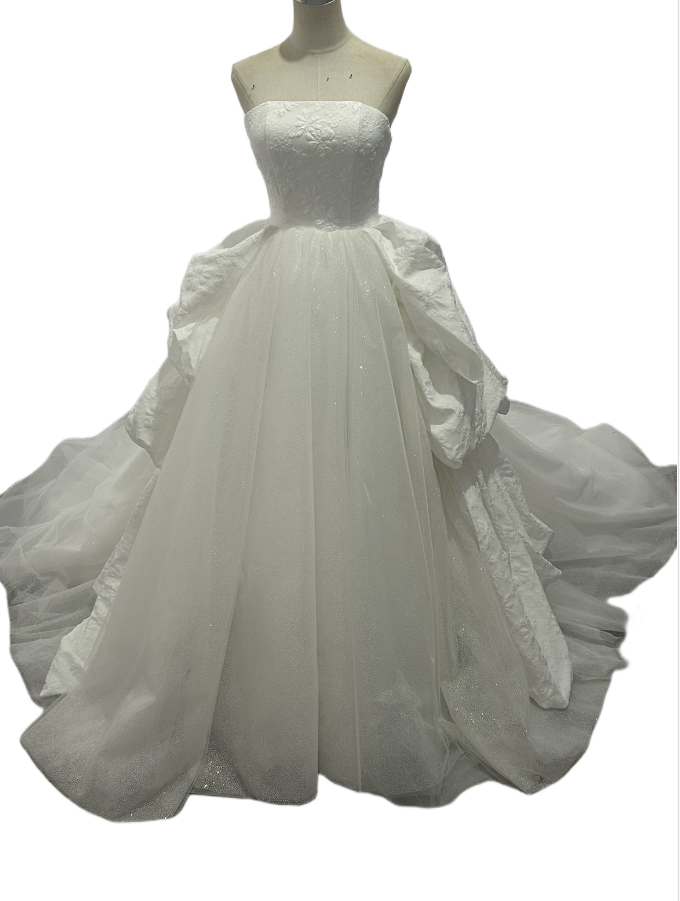 ウエディングドレス キラキラグリッターチュール ロングトレーン 結婚式 ビスチェドレス