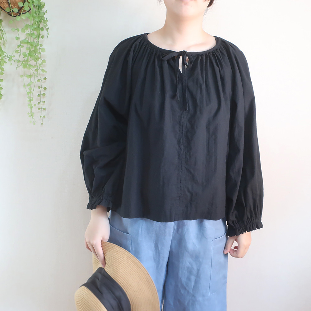 大人の２ＷＡＹ 五分袖風にも 紐リボン長袖ギャザーブラウス（綿麻／全７色）