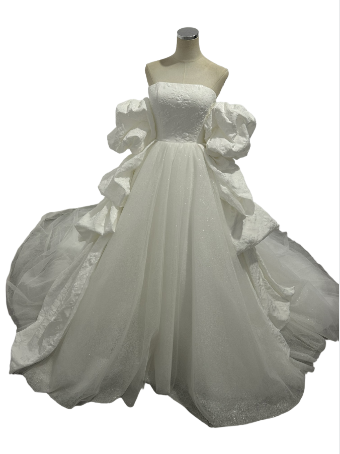 ウエディングドレス キラキラグリッターチュール ロングトレーン 結婚式 パフスリーブドレス