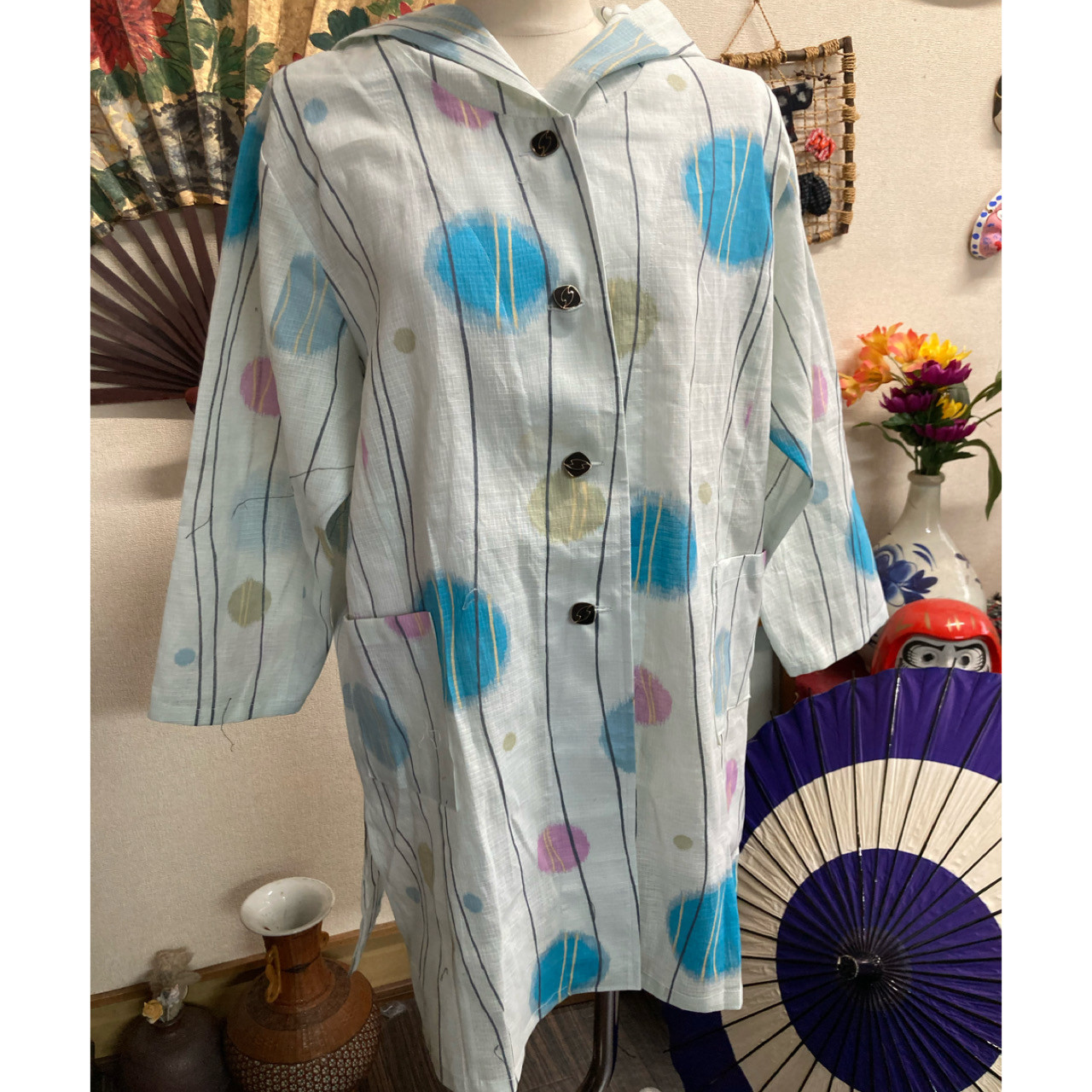 夏の着物(木綿）からの前開きフード付きジャケット　　　着物リメイク