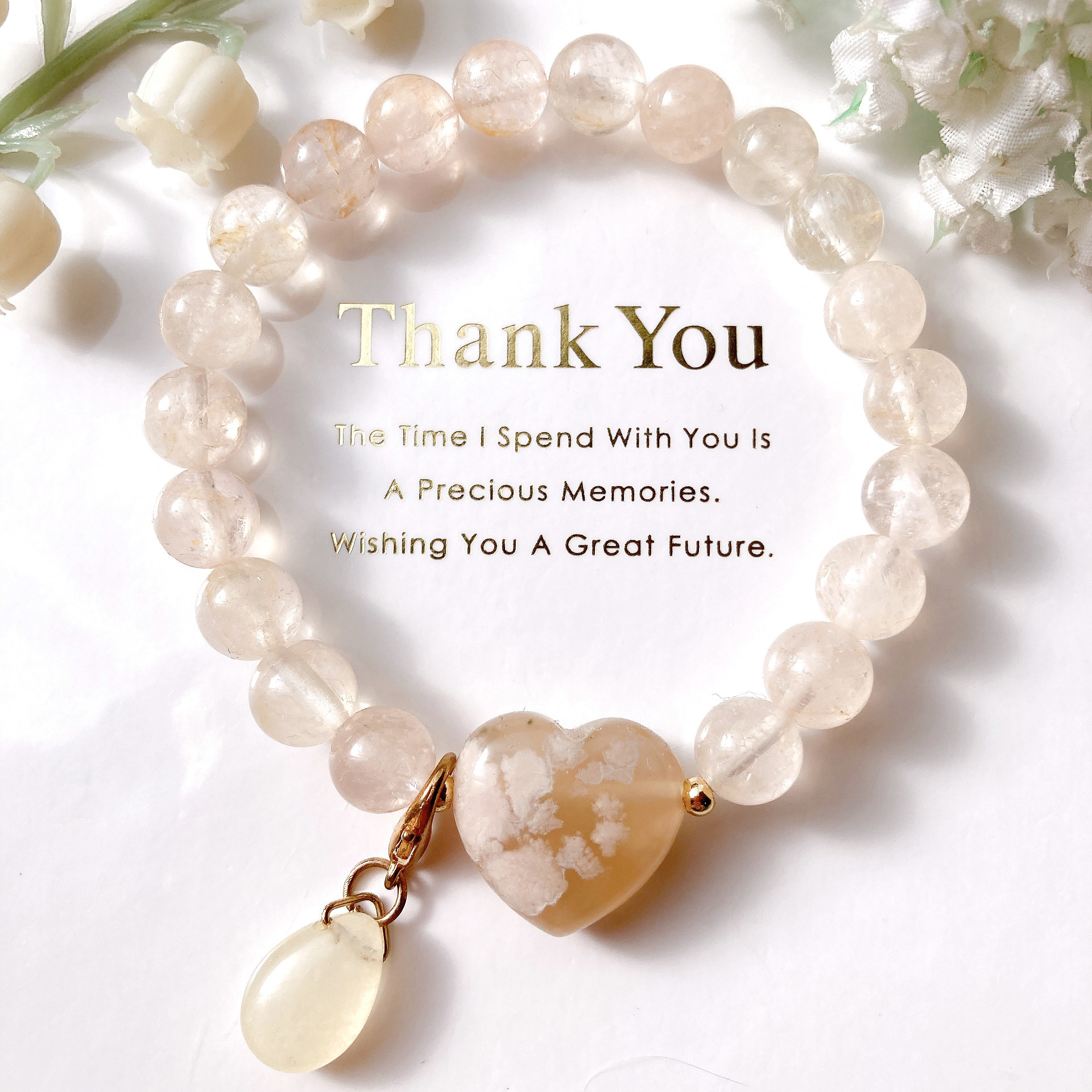 桜瑪瑙ハートちゃんモルガナイトアラゴナイトチャーム天然石ブレスレット