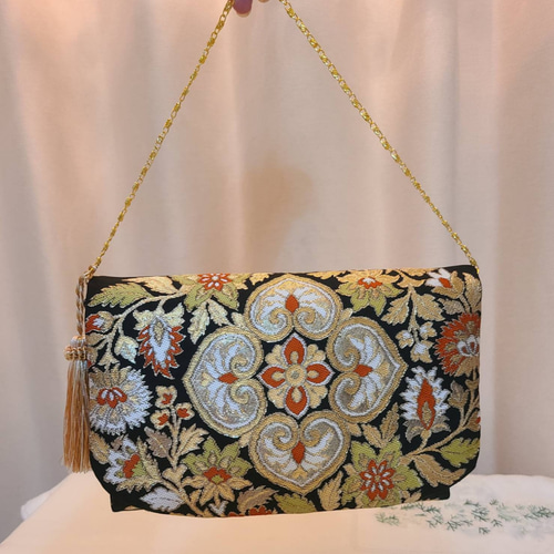 花菱に唐草模様、シルク着物帯の2waysクラッチバッグ クラッチバッグ