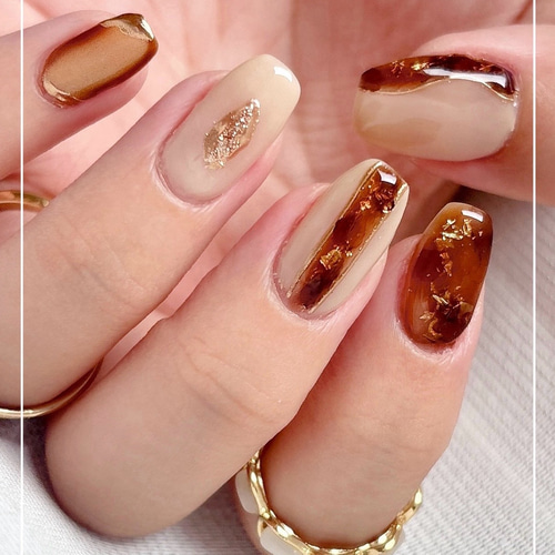 べっ甲×アイボリー ブラウンマグネット ネイルチップ 普段使い デート