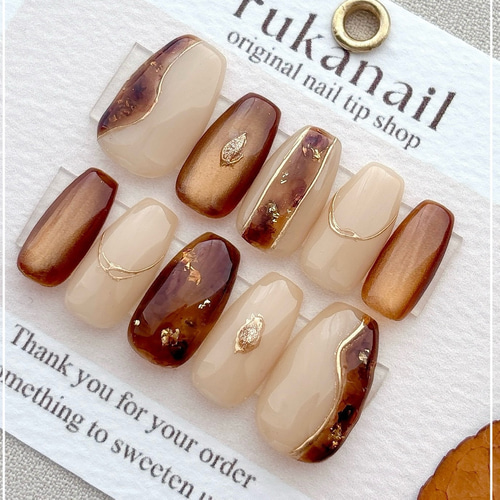 べっ甲×アイボリー ブラウンマグネット ネイルチップ 普段使い デート