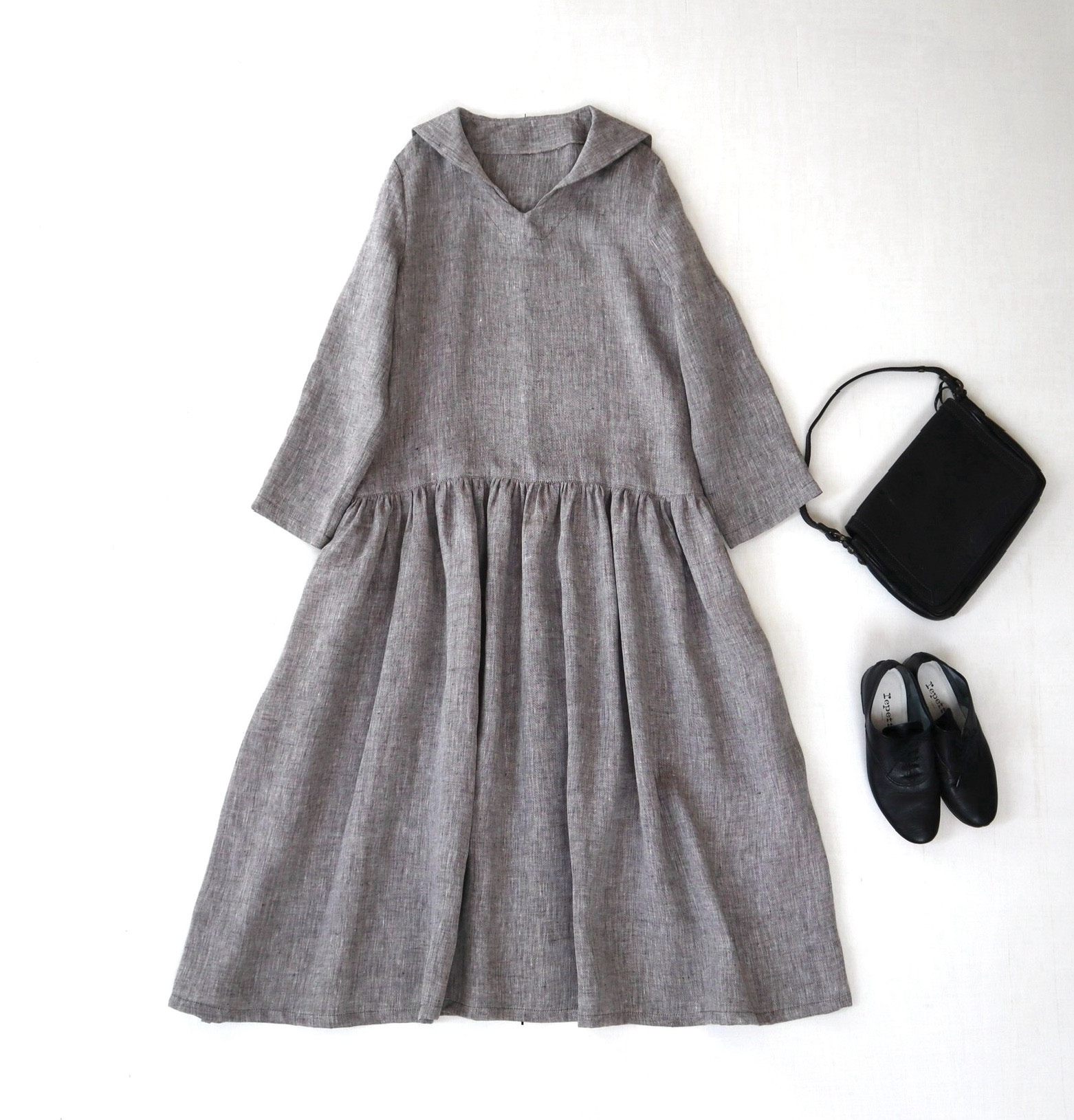 受注イタリア製リネンシャンブレー100%S〜LL袖丈、着丈変更可セーラー・ワンピース　ブラウン系