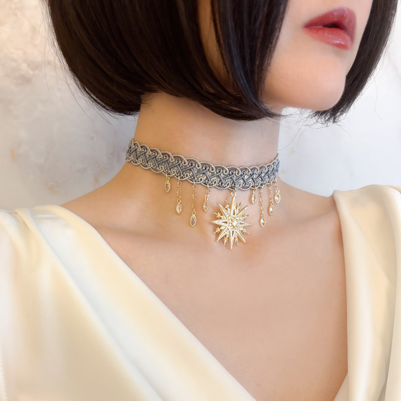 降り注ぐ星屑と彗星と共に：キュービックジルコニアとグレーブレードのチョーカー　　SV674 2枚目の画像