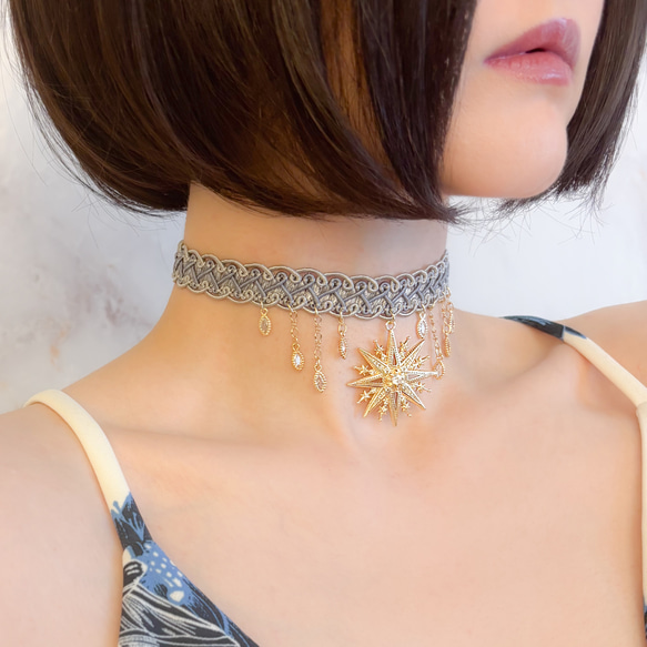 降り注ぐ星屑と彗星と共に：キュービックジルコニアとグレーブレードのチョーカー　　SV674 6枚目の画像