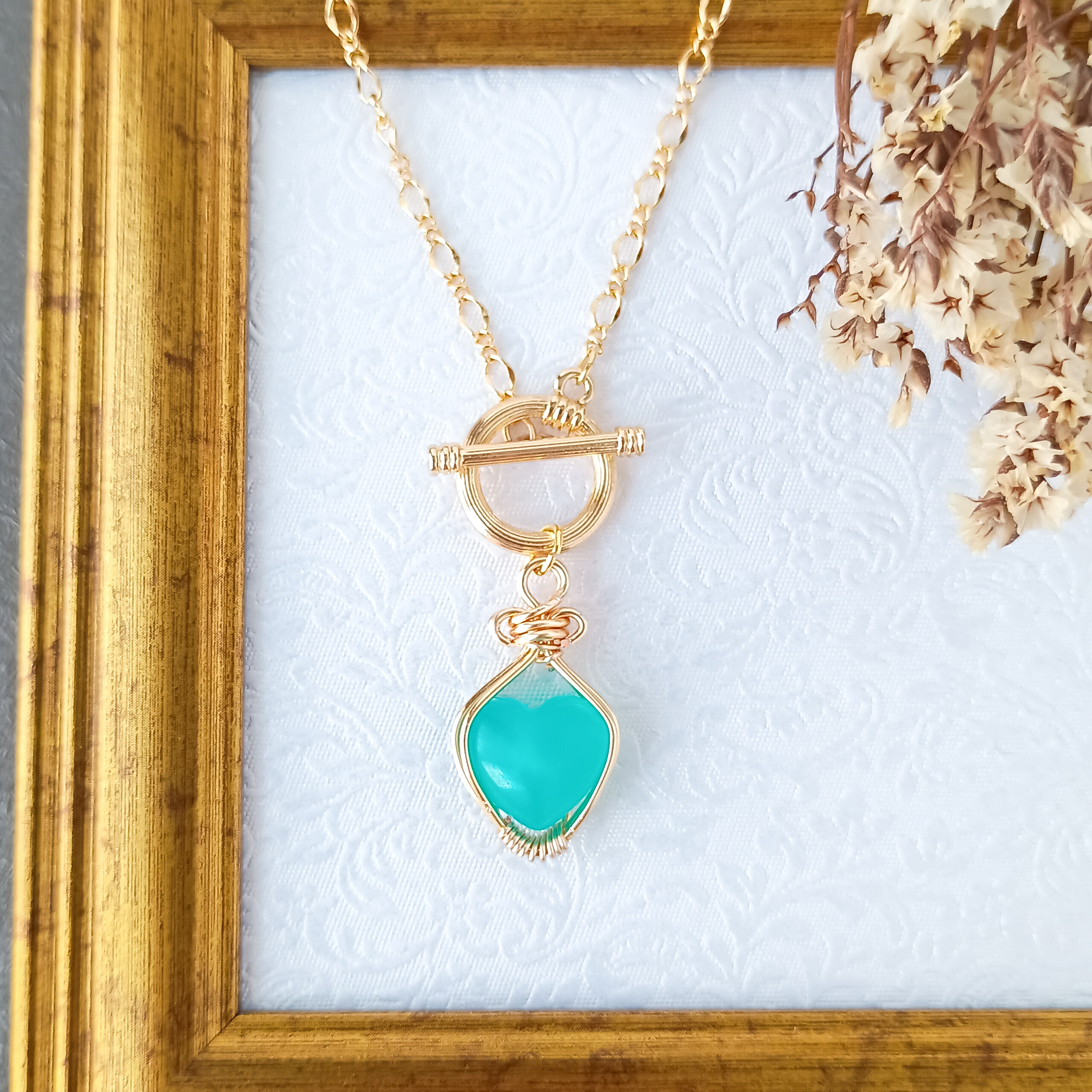 ハート型アマゾナイトマンテルネックレス❦ワイヤーラッピング