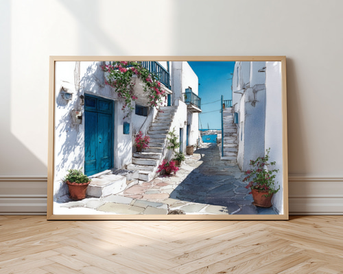 ギリシャ・パロス島の白い街並みとエーゲ海｜ペンと水彩アート