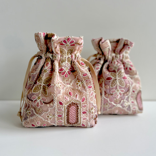 インド刺繍生地の巾着ポーチ 総刺繍 ミニサイズ インド刺繍りぼん
