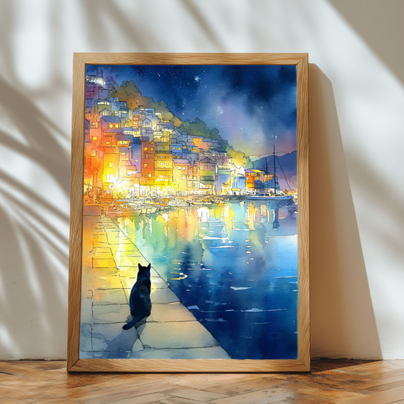 尾道の夜と黒猫のひととき 水彩画 インテリアポスター 風景画 アート