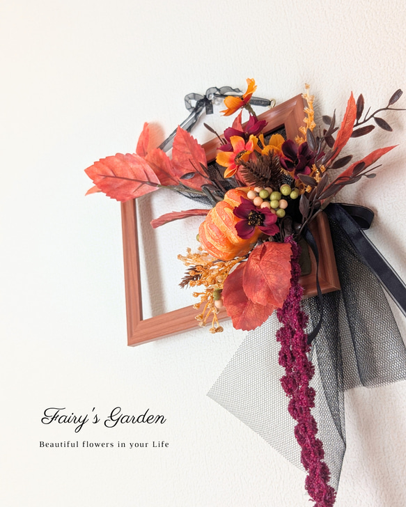 飾り方２Way・ハロウィンの窓辺　スクウェアリース　アーティフィシャルフラワー　造花 4枚目の画像