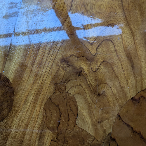 天然木 ケヤキ一枚板 座卓 ひょうたん杢模様あり 幅120cm 中古】天然木 ケヤキ一枚板 座卓 ひょうたん杢模様あり 幅120cm ロー