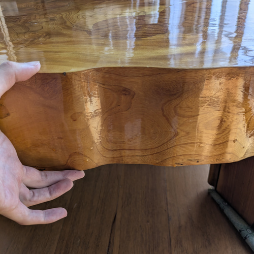 天然木 ケヤキ一枚板 座卓 ひょうたん杢模様あり 幅120cm 中古】天然木 ケヤキ一枚板 座卓 ひょうたん杢模様あり 幅120cm ロー