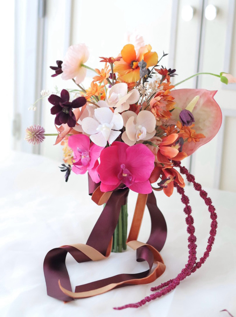 アマランサス　胡蝶蘭　コスモスブーケ　ウェディングブーケ　ブートニアセット