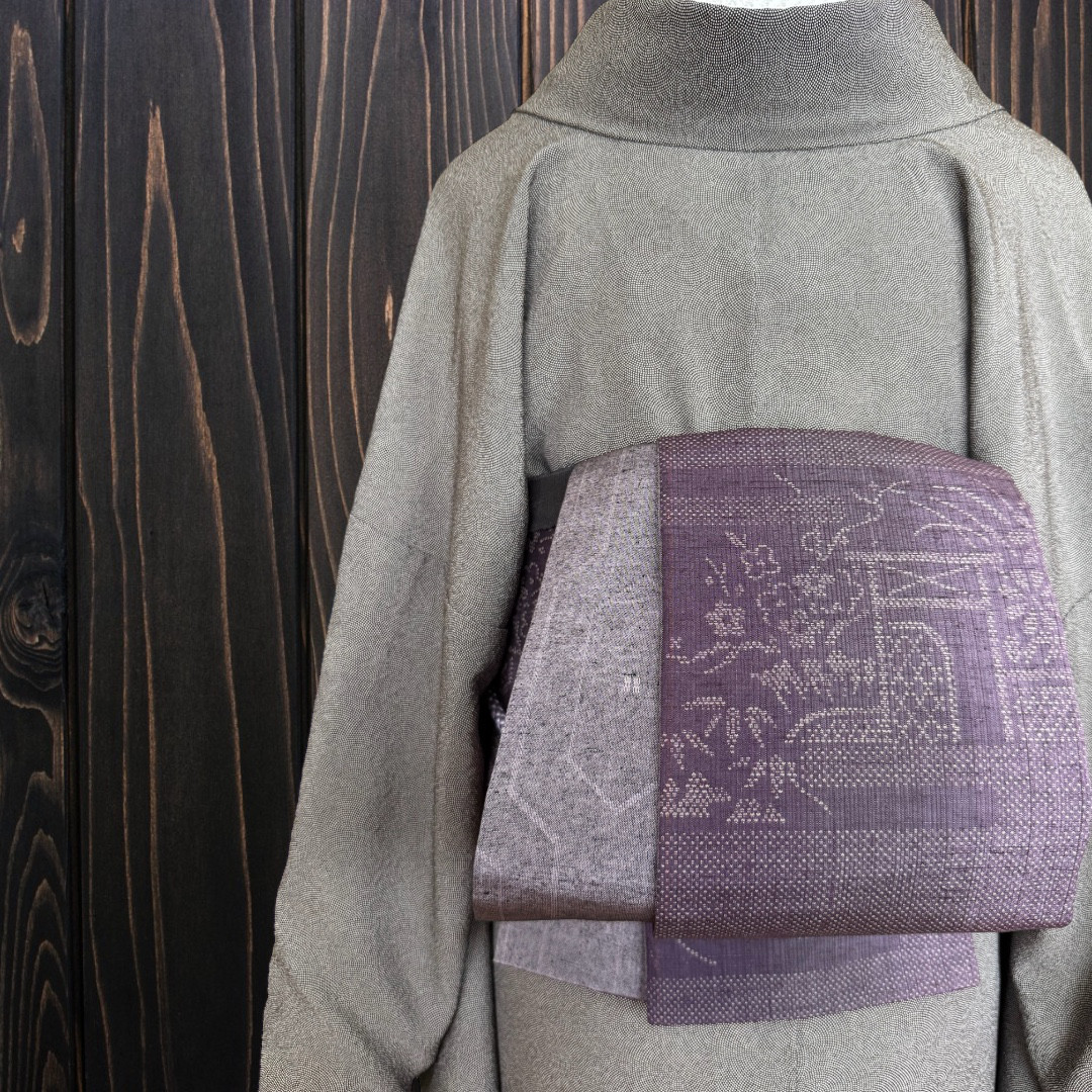 *着物反物*　縞草花柄紫と西陣灰紫　大人の兵児帯  半幅帯　長尺470cm