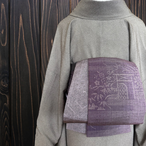 *着物反物*　縞草花柄紫と西陣灰紫　大人の兵児帯  半幅帯　長尺　ハンドメイド 着物反物* 縞草花柄紫と西陣灰紫 大人の兵児帯 半幅帯 長尺470cm 和装