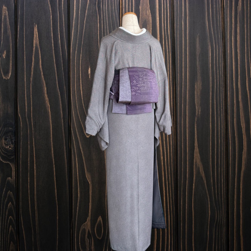 *着物反物*　縞草花柄紫と西陣灰紫　大人の兵児帯  半幅帯　長尺　ハンドメイド 着物反物* 縞草花柄紫と西陣灰紫 大人の兵児帯 半幅帯 長尺470cm 和装