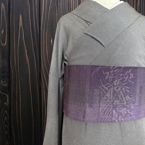 *着物反物*　縞草花柄紫と西陣灰紫　大人の兵児帯  半幅帯　長尺　ハンドメイド 着物反物* 縞草花柄紫と西陣灰紫 大人の兵児帯 半幅帯 長尺470cm 和装