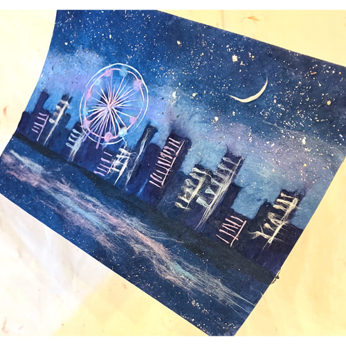 原画マット紙付額付】和紙ちぎり絵「キラキラ街の夜景」星空のアート