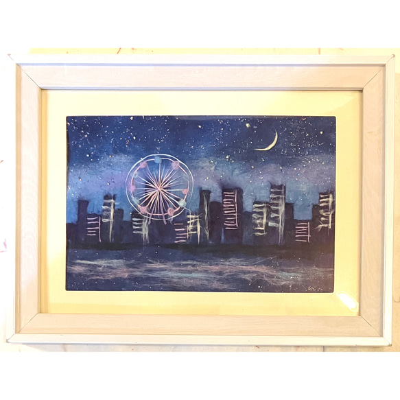 ロンドンの夜景の風景画　原画　現代アート　額装　額付き　絵画　星空　抽象画 原画 抽象画 【星々の輝き】夜空 星空 ブルー 青 おしゃれ モダン