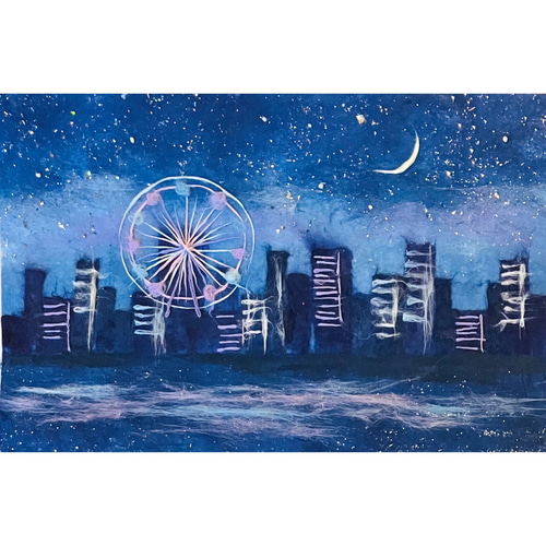 原画マット紙付額付】和紙ちぎり絵「キラキラ街の夜景」星空のアート