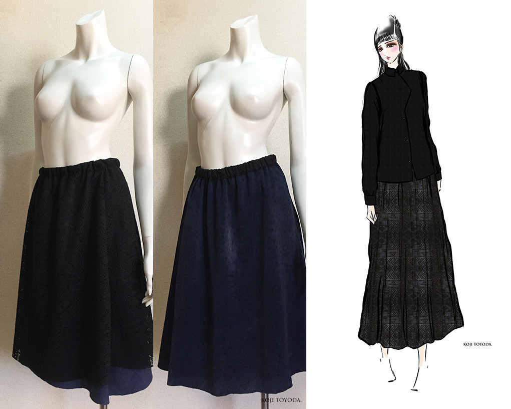 【1点もの・デザイン画付き】リバーシブル2枚重ねフレアースカート（KOJI TOYODA）