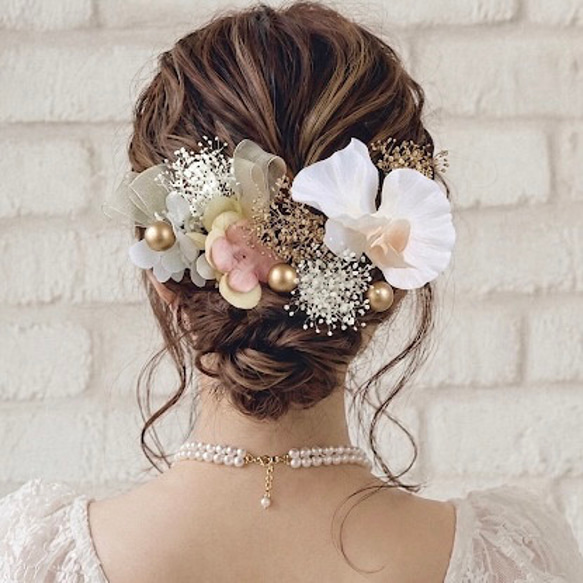 卒業式★結婚式★髪飾り★ヘアアクセサリー 胡蝶蘭 ベージュ ゴールド 花 ヘアアクセサリー 結婚式 成人式 卒業式