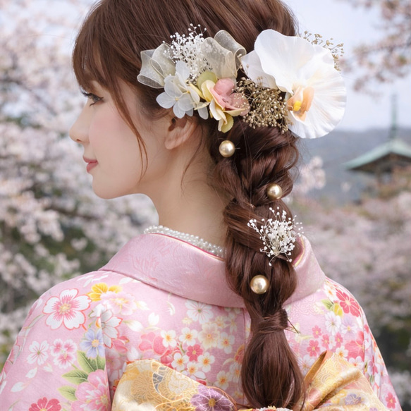 胡蝶蘭 ベージュ ゴールド 花 ヘアアクセサリー 結婚式 成人式 卒業式