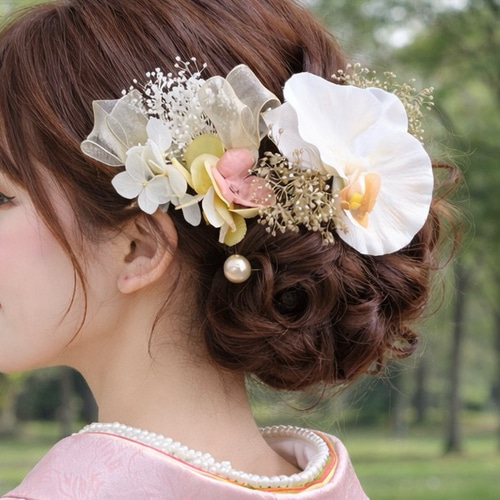 胡蝶蘭 ベージュ ゴールド 花 ヘアアクセサリー 結婚式 成人式 卒業式