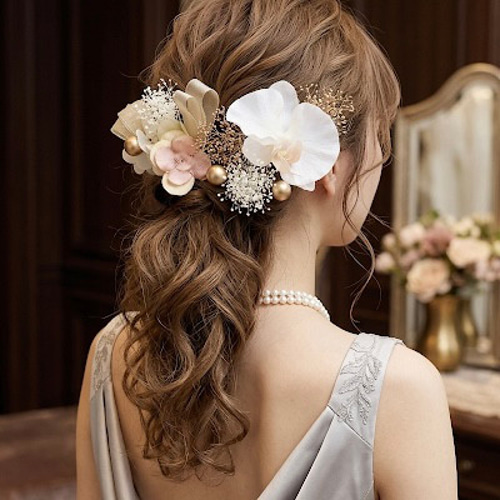 卒業式★結婚式★髪飾り★ヘアアクセサリー 胡蝶蘭 ベージュ ゴールド 花 ヘアアクセサリー 結婚式 成人式 卒業式