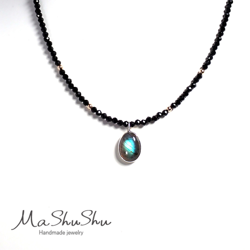 【一点もの】ネックレス ラブラドライト＆オニキス -シルバー＆10K