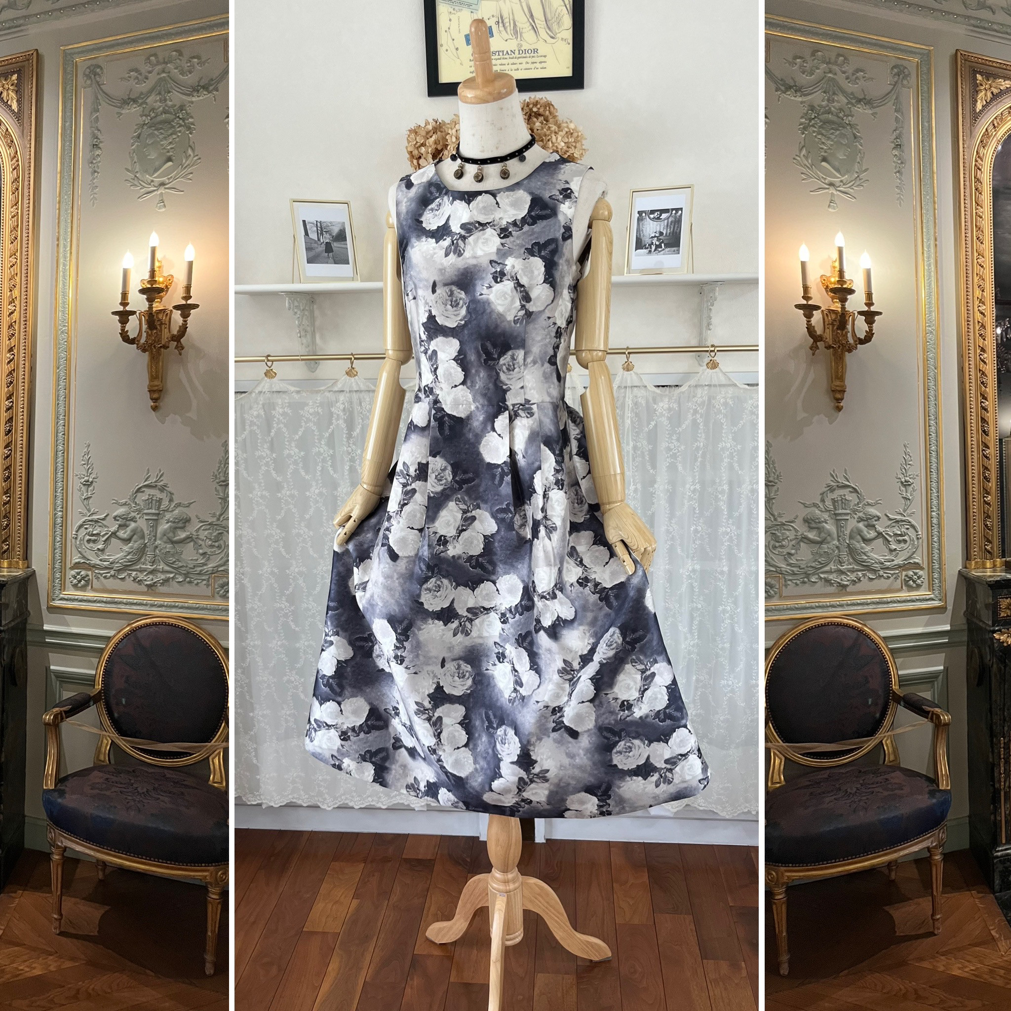 パリからの美しいローズプリントのワンピース『アンリエット・NSR/BN』 シルク・ノースリーブ・演奏会・セレモニー