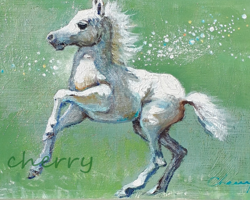 一点物】『 小さい白い馬 』油絵 額付き 原画 絵画 チェリー Cherry