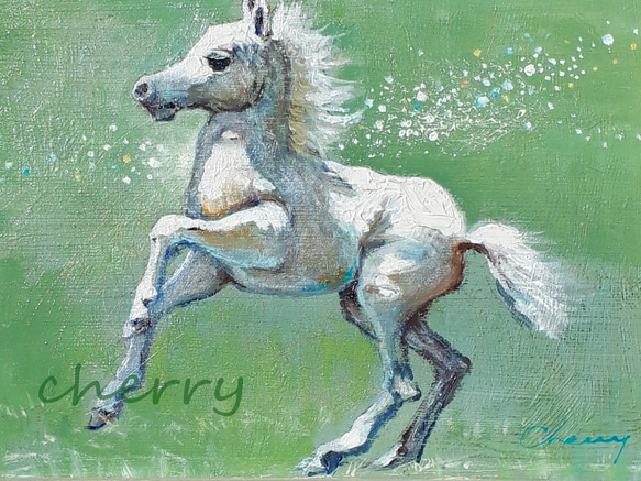 一点物】『 小さい白い馬 』油絵 額付き 原画 絵画 チェリー Cherry