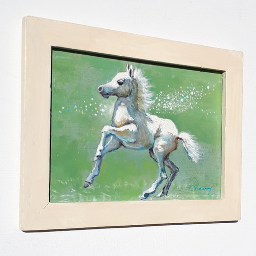 一点物】『 小さい白い馬 』油絵 額付き 原画 絵画 チェリー