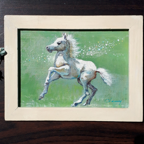 一点物】『 小さい白い馬 』油絵 額付き 原画 絵画 チェリー