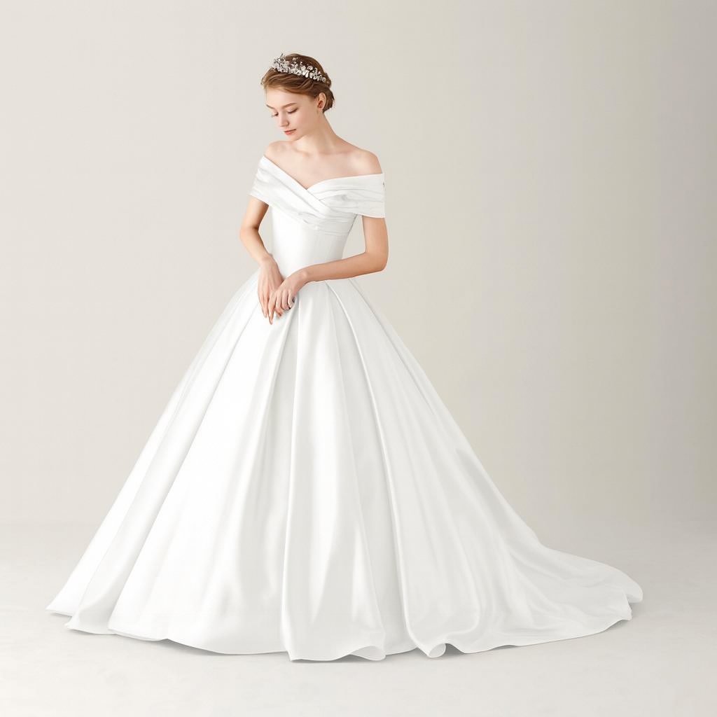 ロイヤルサテンウエディングドレス　オフショルダー　トレーン　飾りくるみボタン　二次会　結婚式　前撮り