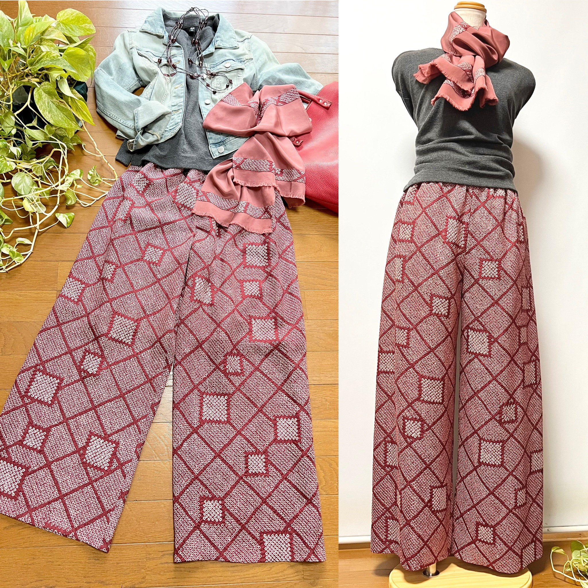 蘇芳色＊股下69.5cm総絞りワイドパンツ＋ストール＊綿裏地付き＊着物リメイク